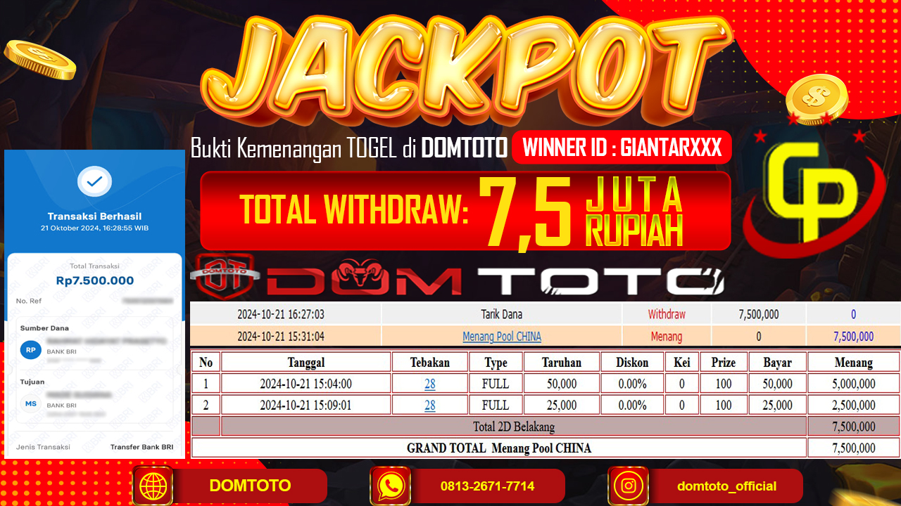 JACKPOT TOGEL CHINA 2D  21 OKTOBER 2024